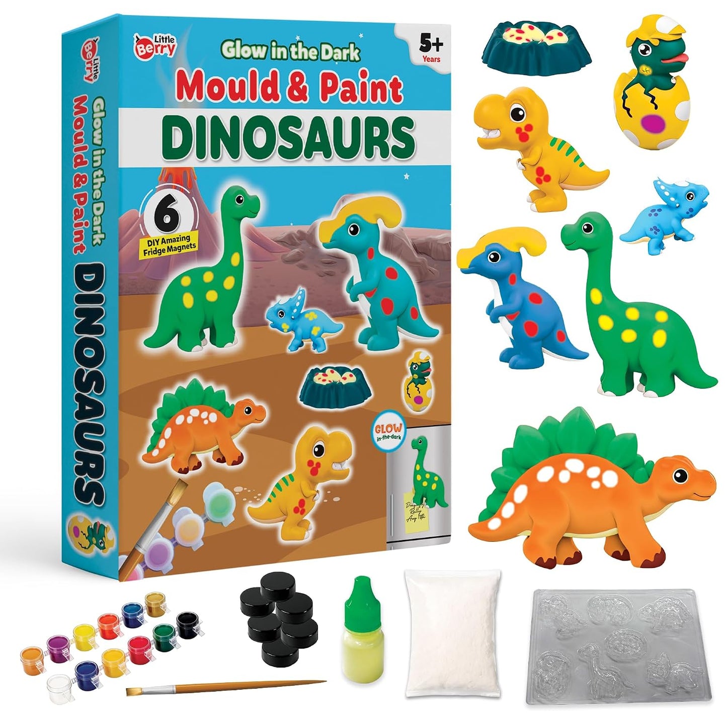 Little Berry DIY Mould and Paint Kit for Kids: Dinosaurs Craft Kit | Make 6 Glow in The Dark Fridge Magnets | Painting Art & Craft Set for Girls & Boys 3-10 Years | DIY Kit for Kids | Gifting Toys