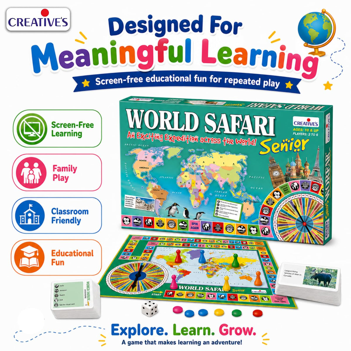 Creative's World Safari Senior| World Geography Learning Game for Kids & Adults| Educational Board Games with World Map, Learn about Countries, Capitals, Continents, GK Quiz, Ages 10+, 2-6 Players