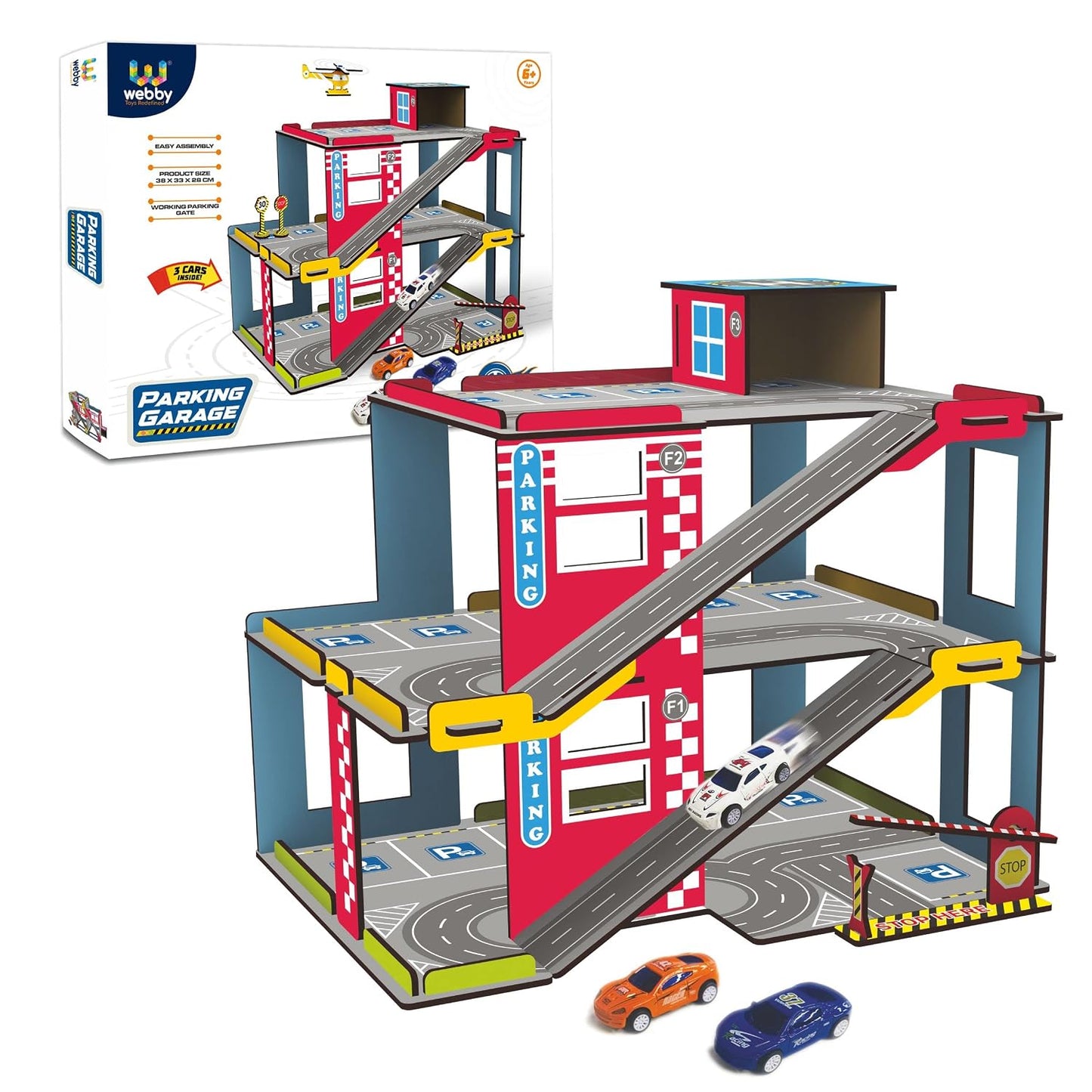 Webby Multilevel Parking Garage Playset with 3 Pullback Metal Cars, Parking Gate, Sign Boards and Helicopter for Boys and Girls