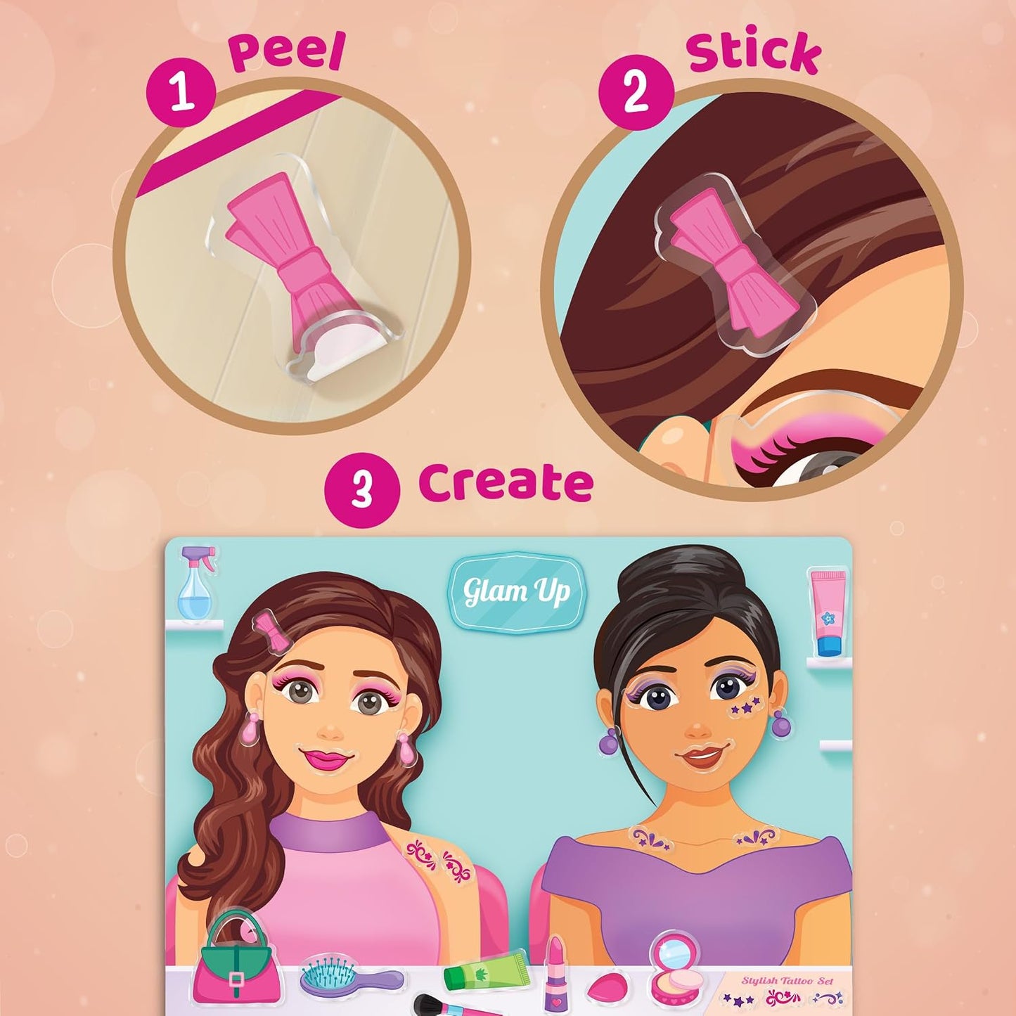 Imagimake Reusable Sticker Hair & Makeup | Pretend Play for Girls | Age 3+ | 150+ waterproof reusable stickers & 6 salon scenes; mess-free hair, makeup & nail styling—perfect travel activity