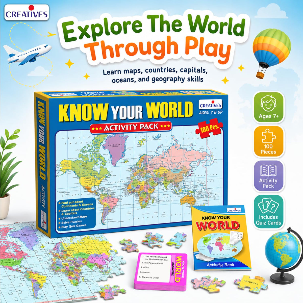 Creative's Know Your World Activity Pack, World Map 100 Piece Jigsaw Puzzles, Countries, Capitals, Continents & Oceans Learning Game, Educational Geography Quiz Games, for Kids Age 7+
