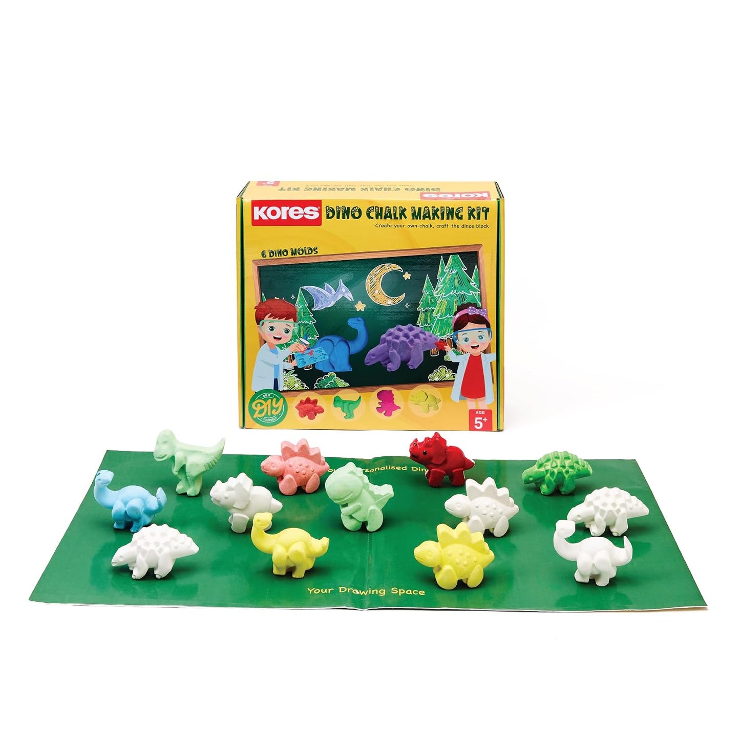 Kores Dino Chalk Making Kit | DIY Chalk Craft Set for Kids Age 5+ | Make 6 Colourful Dinosaur-Shaped Chalks | Fun Learning & Creative Activity | Safe, Non-Toxic STEM Toy for Boys & Girls
