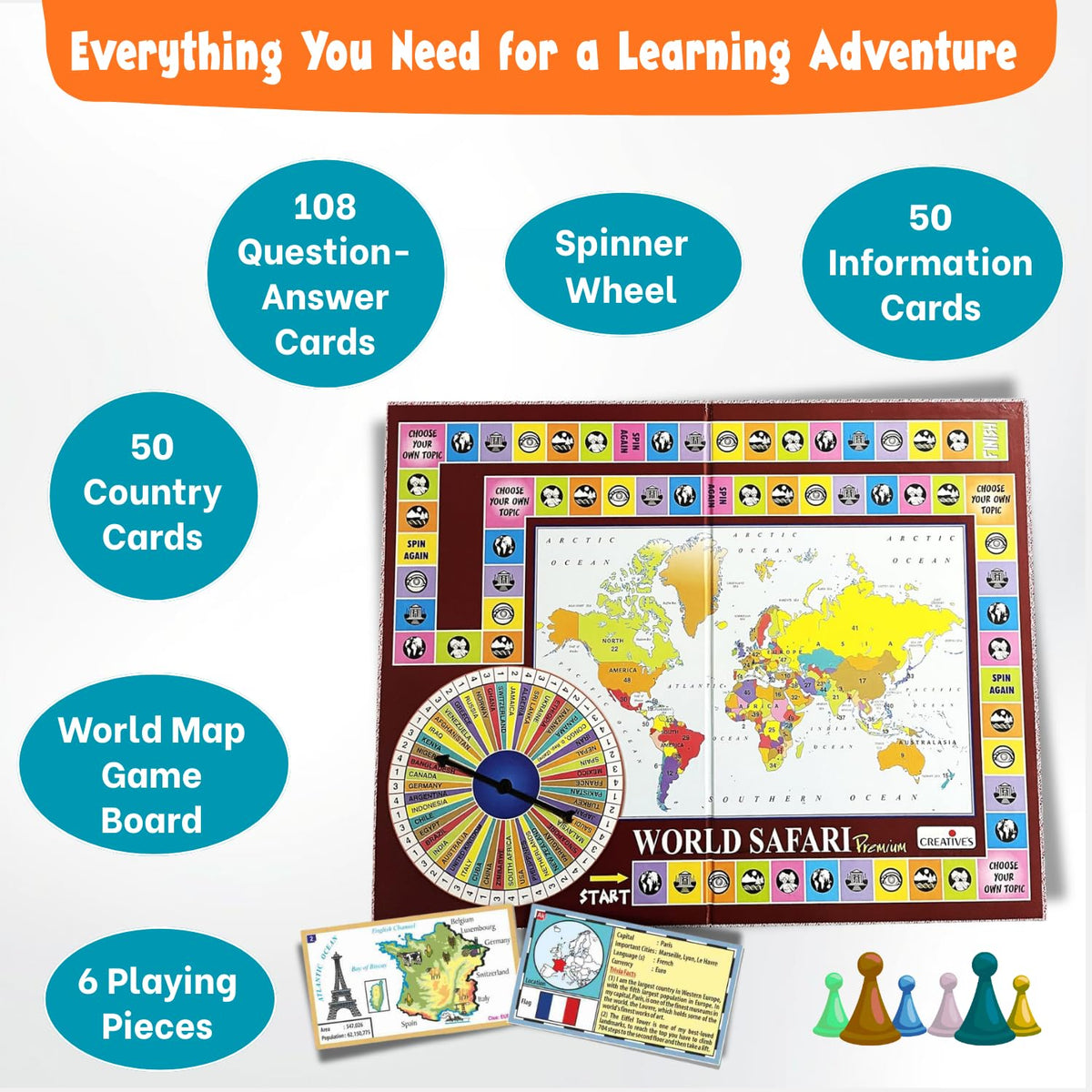 Creative's World Safari Premium Educational Geography Board Games for Kids Age 9+, World Map Quiz Game with 864 Questions & Answers Countries, Capitals & General Knowledge Learning Game 2-6 Players