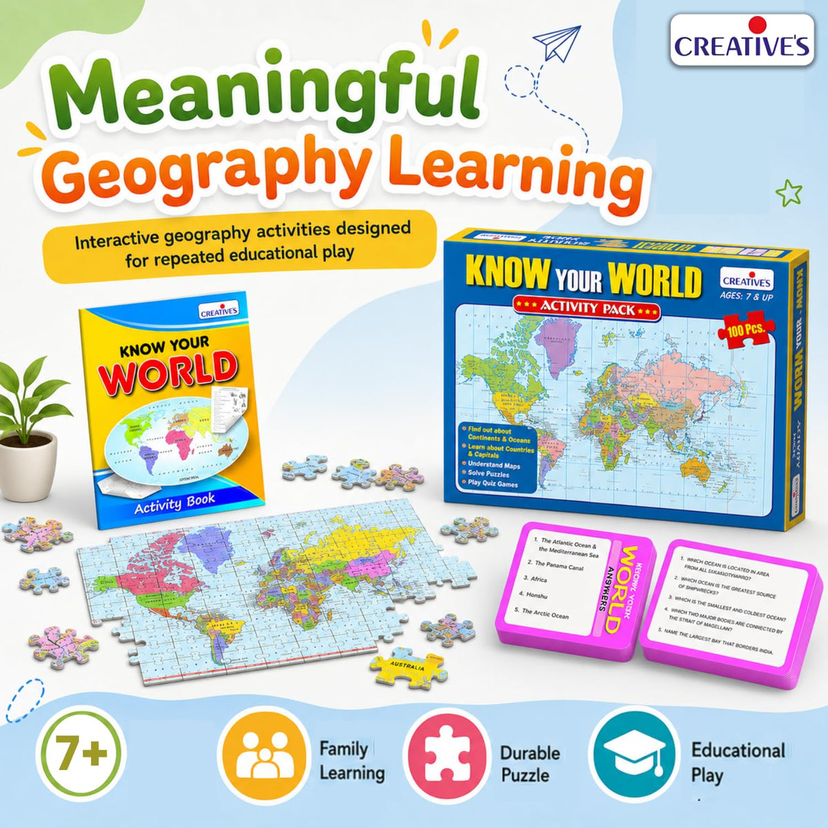 Creative's Know Your World Activity Pack, World Map 100 Piece Jigsaw Puzzles, Countries, Capitals, Continents & Oceans Learning Game, Educational Geography Quiz Games, for Kids Age 7+