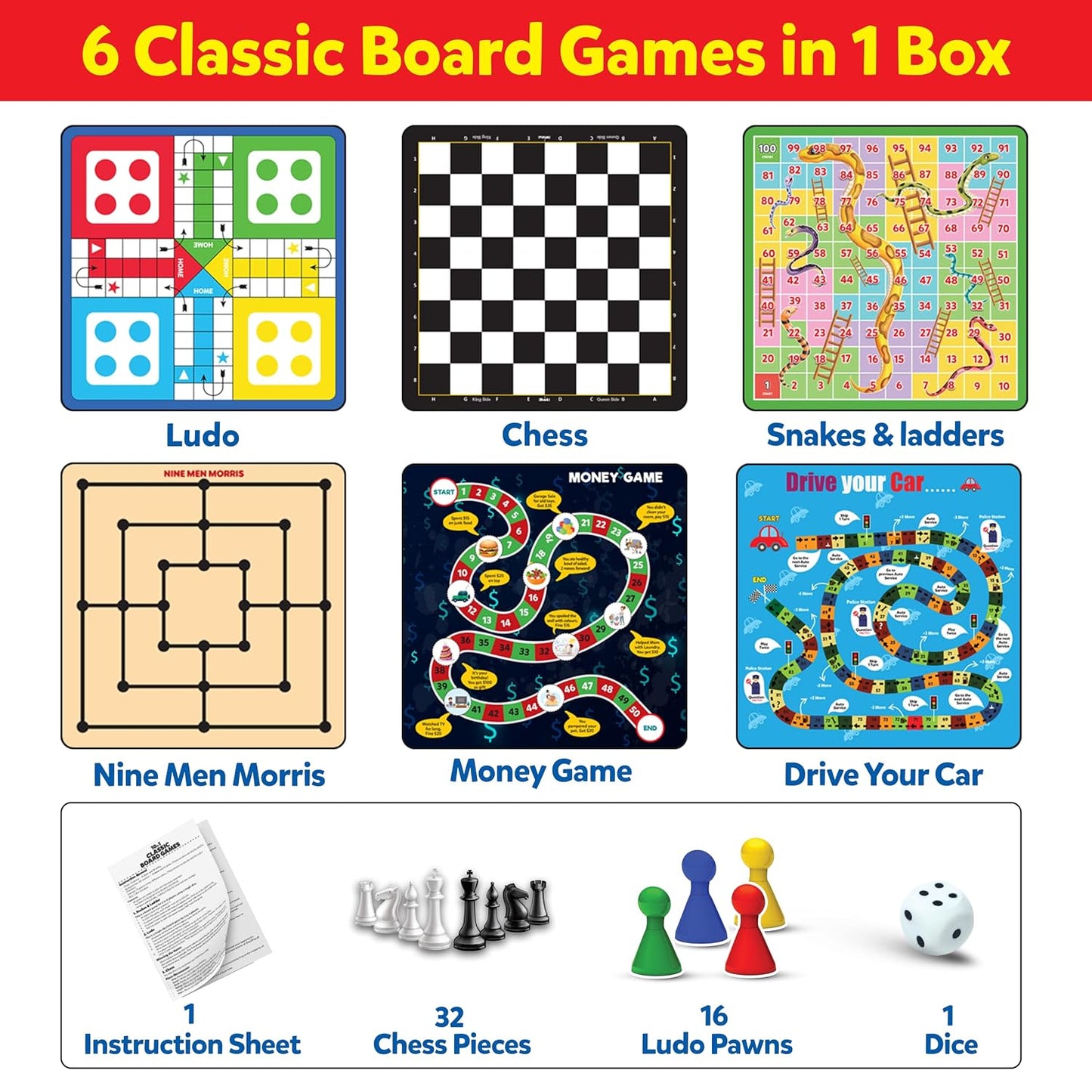 6 in 1 Classic Board Games Set for Kids & Family | Includes Ludo, Chess, Snakes & Ladders, Checkers & More | Indoor Strategy Games, Travel Friendly Game Kit for 5+ Years