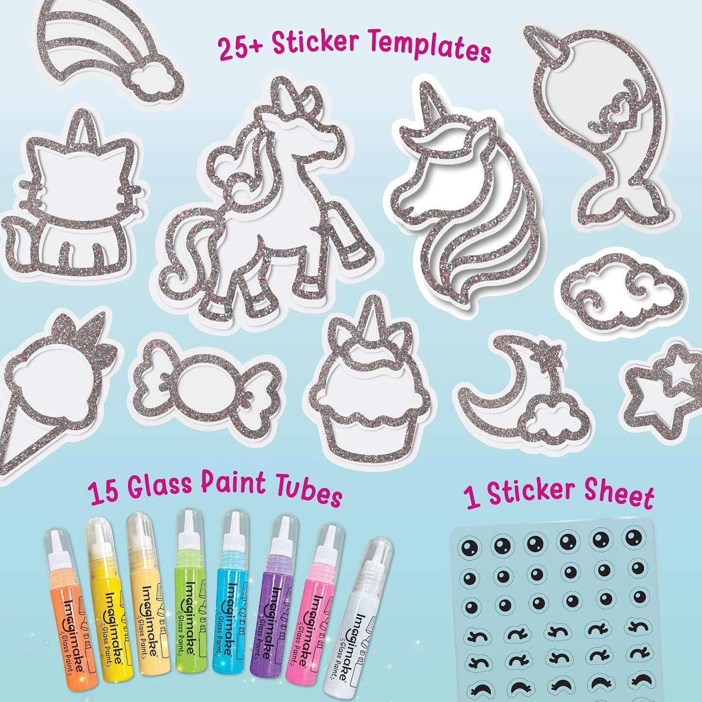 Imagimake DIY Unicorn Jelly Stickers | Art & Craft Kit for Kids Age 3+ | 25+ unicorn designs, 15 glass paint tubes & detail sticker sheet; paint, peel & stick glossy jelly stickers on glass