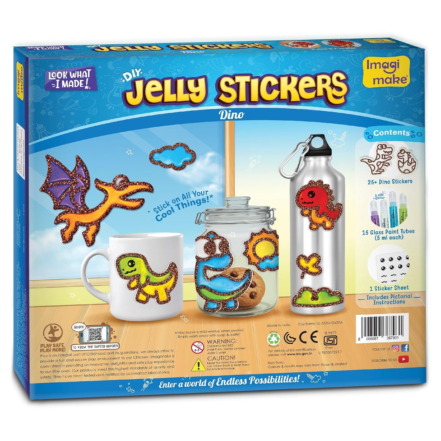 Imagimake DIY Dino Jelly Stickers | Art & Craft Kit for Kids Age 3+ | 25+ dino designs, 15 glass paint tubes & detail sticker sheet; paint, peel & stick glossy jelly stickers on glass