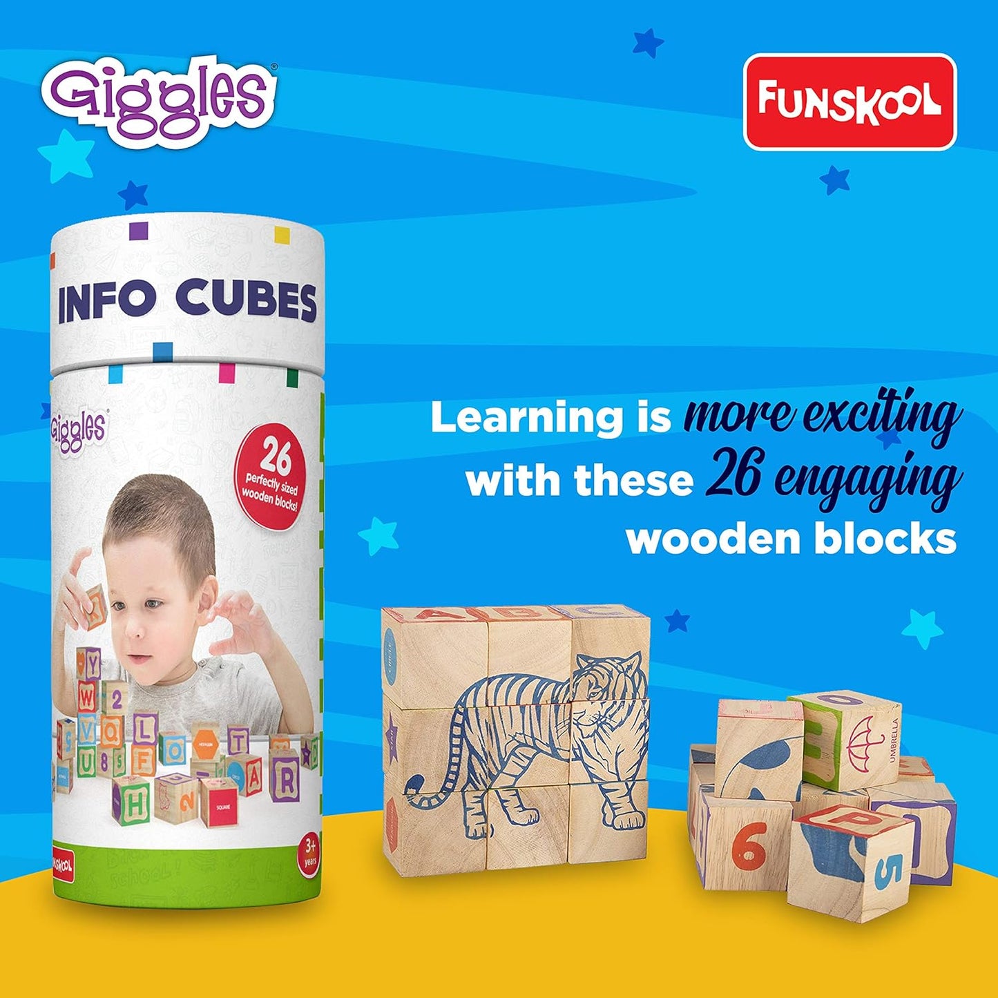 Giggles Funskool Info Cubes, Educational Learning Blocks with Alphabet, Numbers, Colors, Shapes & Picture Puzzle, Development Toy for Kids, Preschool Activity Set, Gift Set for Kid, Ages 3+ Years