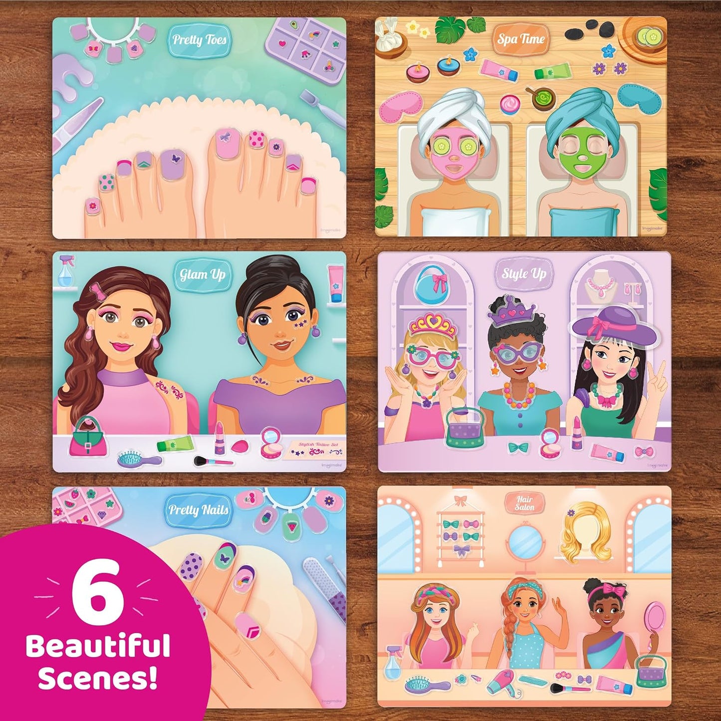 Imagimake Reusable Sticker Hair & Makeup | Pretend Play for Girls | Age 3+ | 150+ waterproof reusable stickers & 6 salon scenes; mess-free hair, makeup & nail styling—perfect travel activity