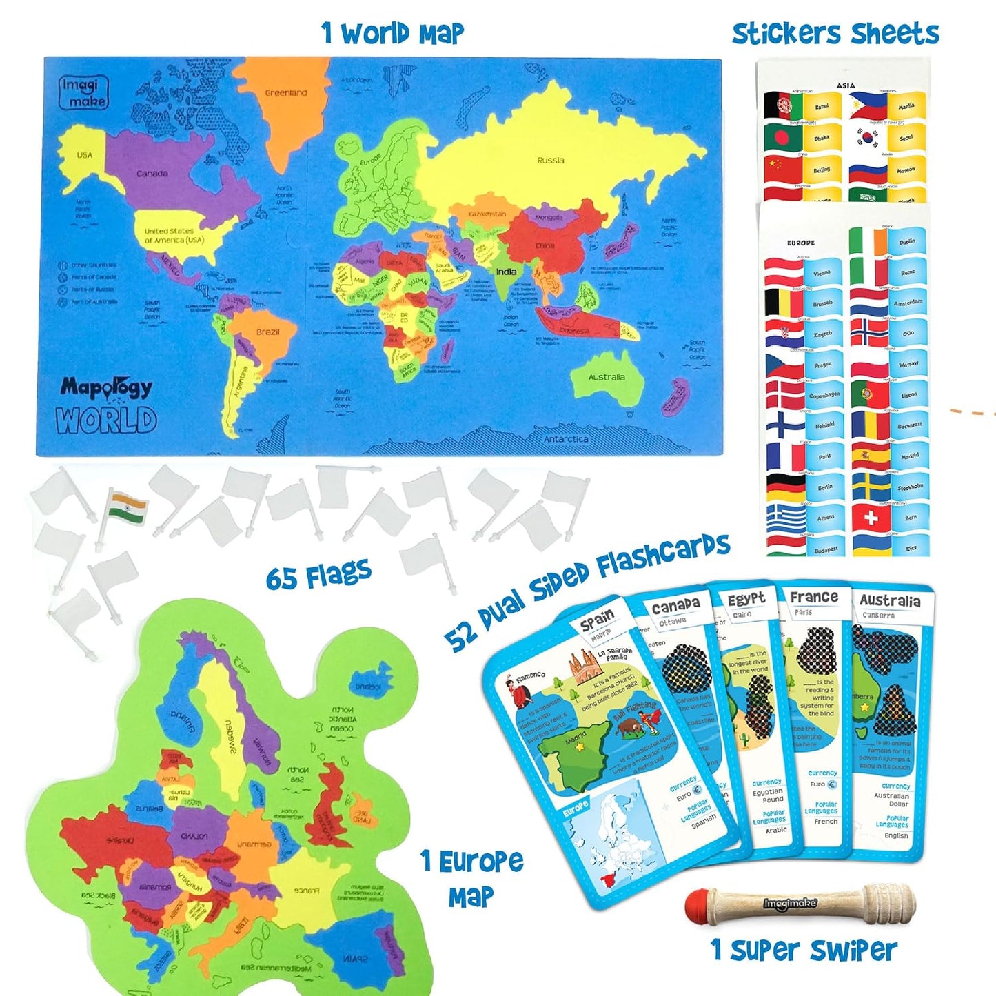 Imagimake Mapology World Flash Cards | Educational Toy Age 7+ | EVA foam World puzzle: 75 country pieces, 65 flags & stickers, 52 swipe & reveal cards & super swiper; master 200+ facts
