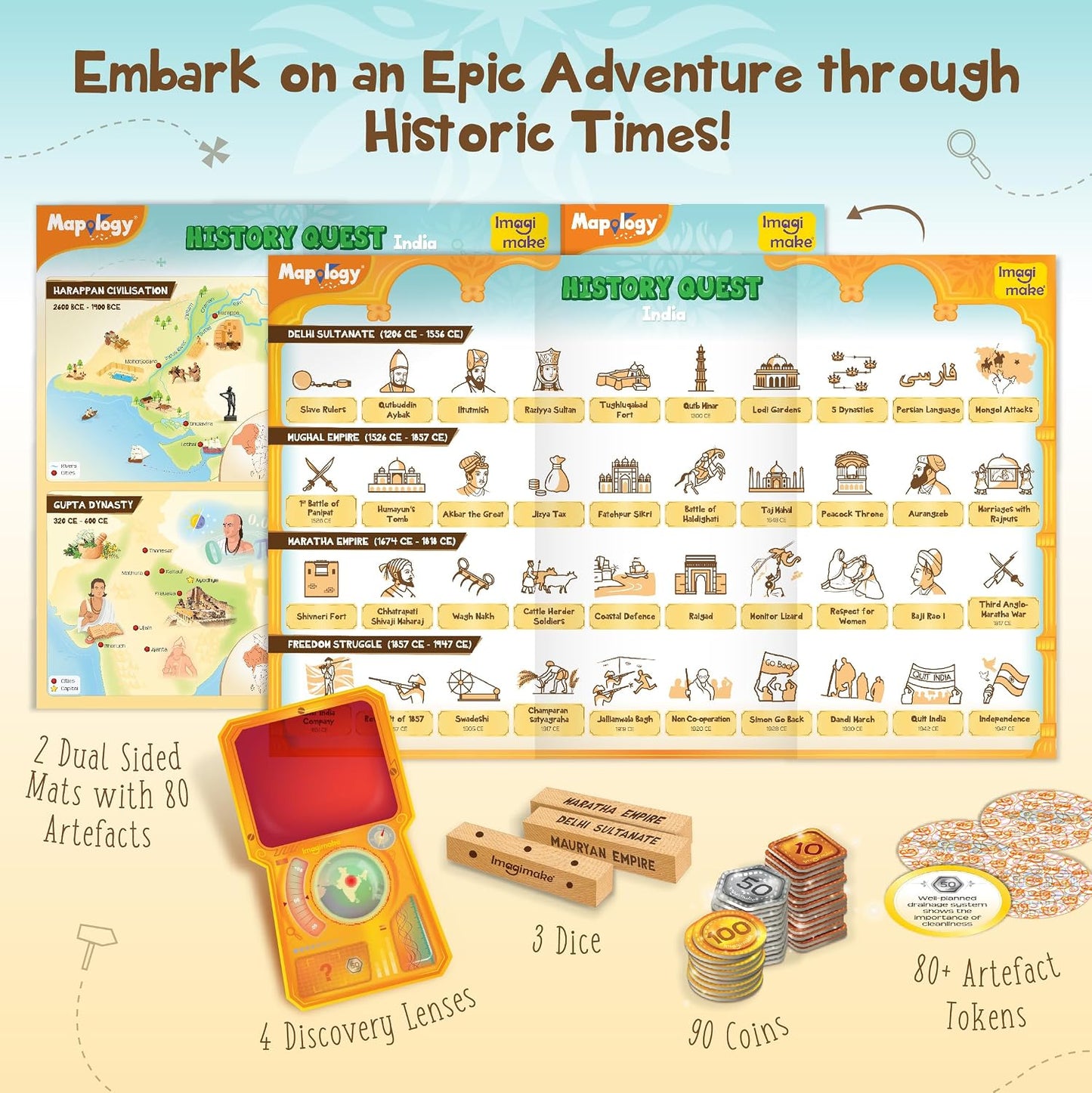 Imagimake Mapology History Quest India | Educational Board Game | Age 8+ | History board game: 84 artefact tokens, 4 discovery lenses, 3 dice & 90 coins; explore 8 eras of Indian history & 80+ facts