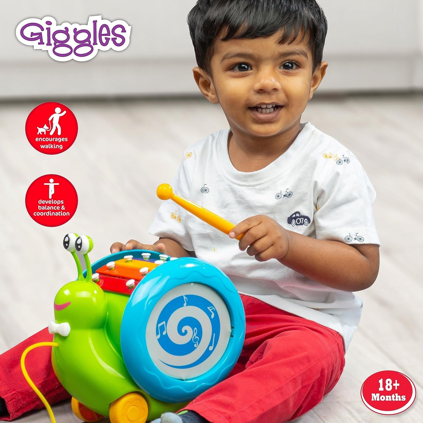 Giggles Funskool Pull Along Musical Snail, with Xylophone & Drum, Activity & Learning Toys for Babies, Toddlers, Encourage Walking, Improve Balance, Multicolour, Gift Set for Kids, Ages 12+ Months