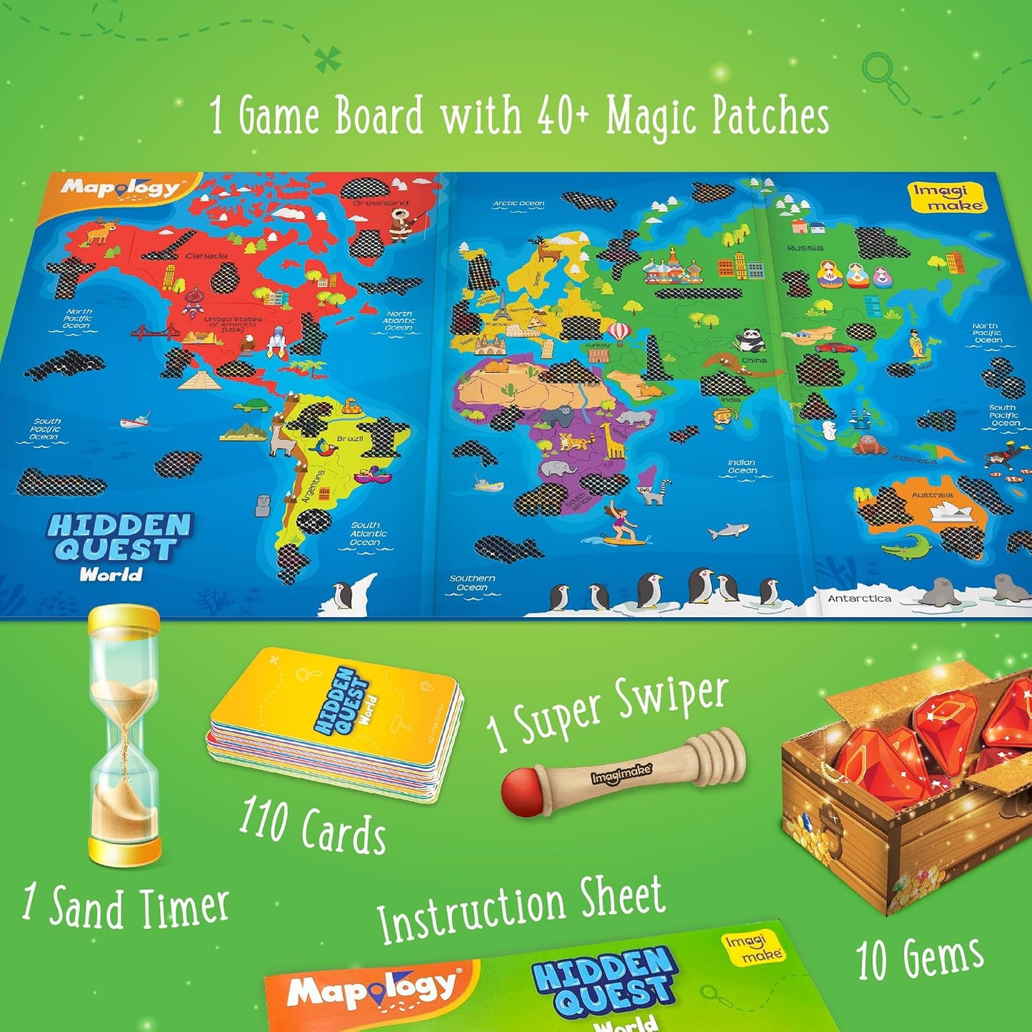 Imagimake Mapology Hidden Quest World Map | Educational Game Age 5+ | World map board game: 110 cards, 40+ swipe & reveal magic patches, super swiper, timer & gems; learn 130+ world features