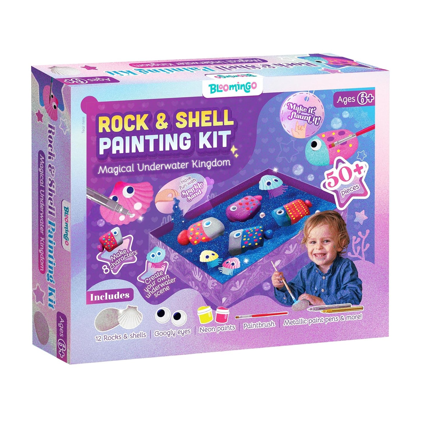 Bloomingo Magical Underwater Kingdom - Engaging Painting Craft Gift for Boys & Girls Age 4+ | Create Beautiful Ocean-Themed Rock and Shell Paintings | Encourages Focus, Patience & Creative Play