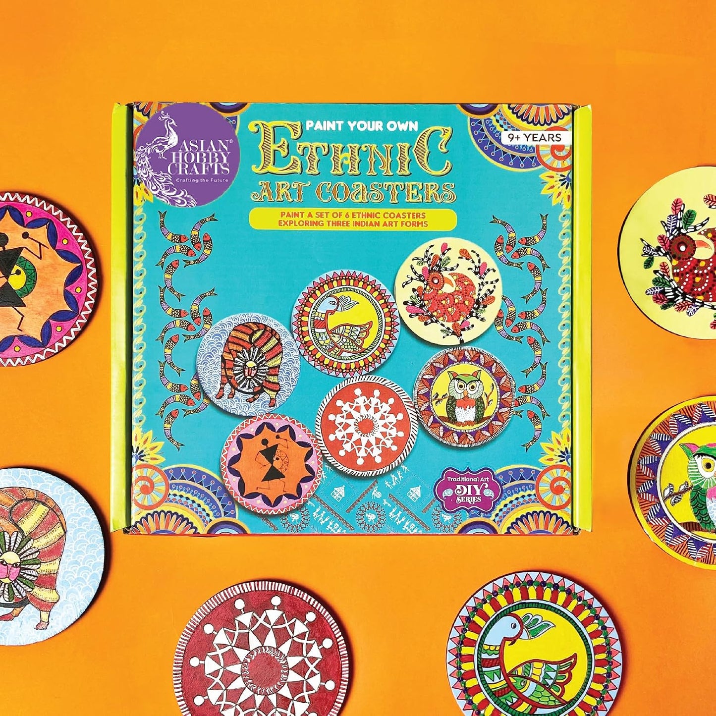 Asian Hobby Crafts DIY Ethnic Coaster Painting Kit – 6 Pre-Marked Coasters, Paint & Brush | Warli, Madhubani, Gond, Indian Folk Art Kit for Kids & Adults (4-12) | Birthday Return Gift Craft Set