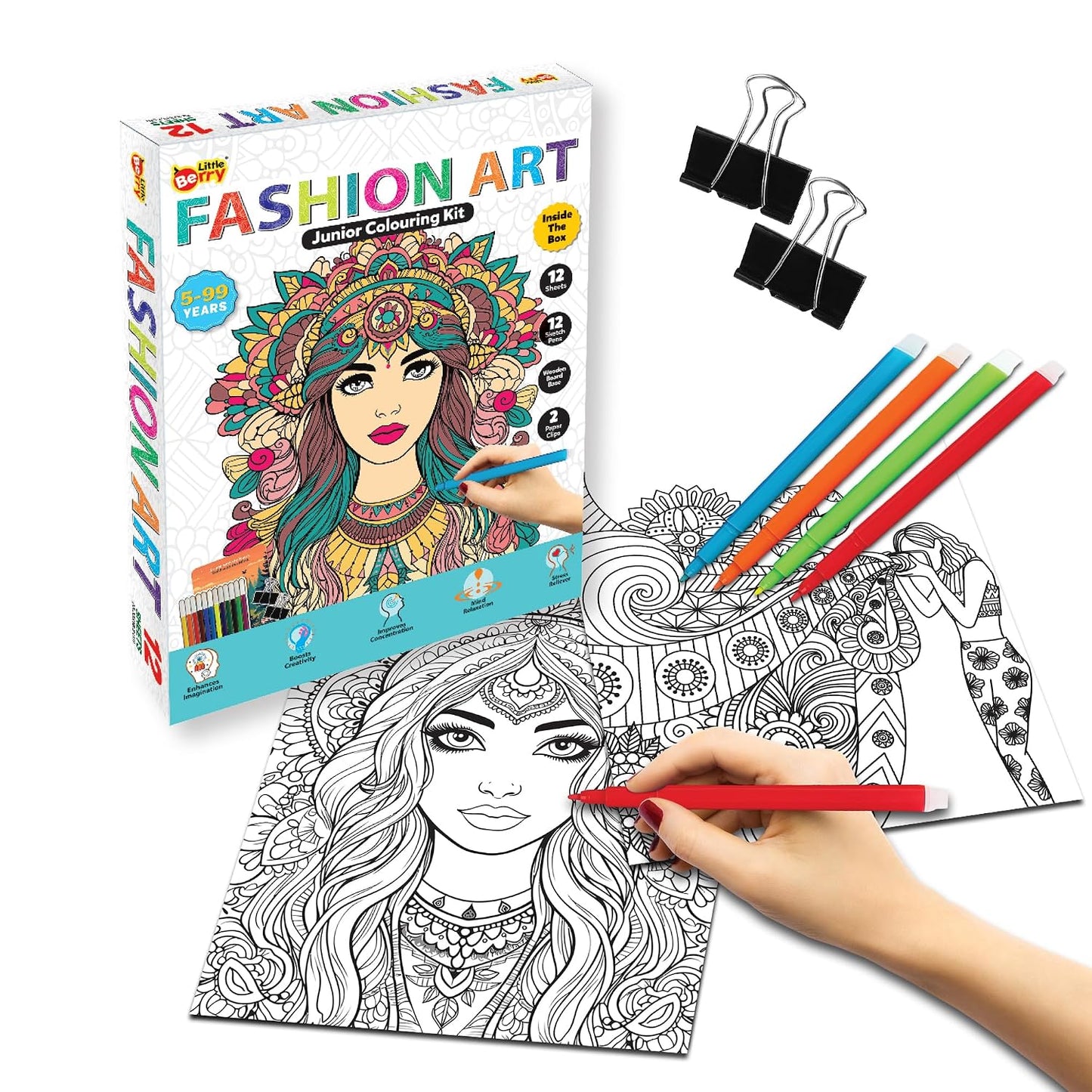 Little Berry DIY Fashon Mandala Art Kit for Girls 9-12 Years | Art & Craft Kit for Girls | Colouring and Painting Set for Kids with 12 Mandala Designs and Sketch Pens | Gift Set for Kids Age 9+