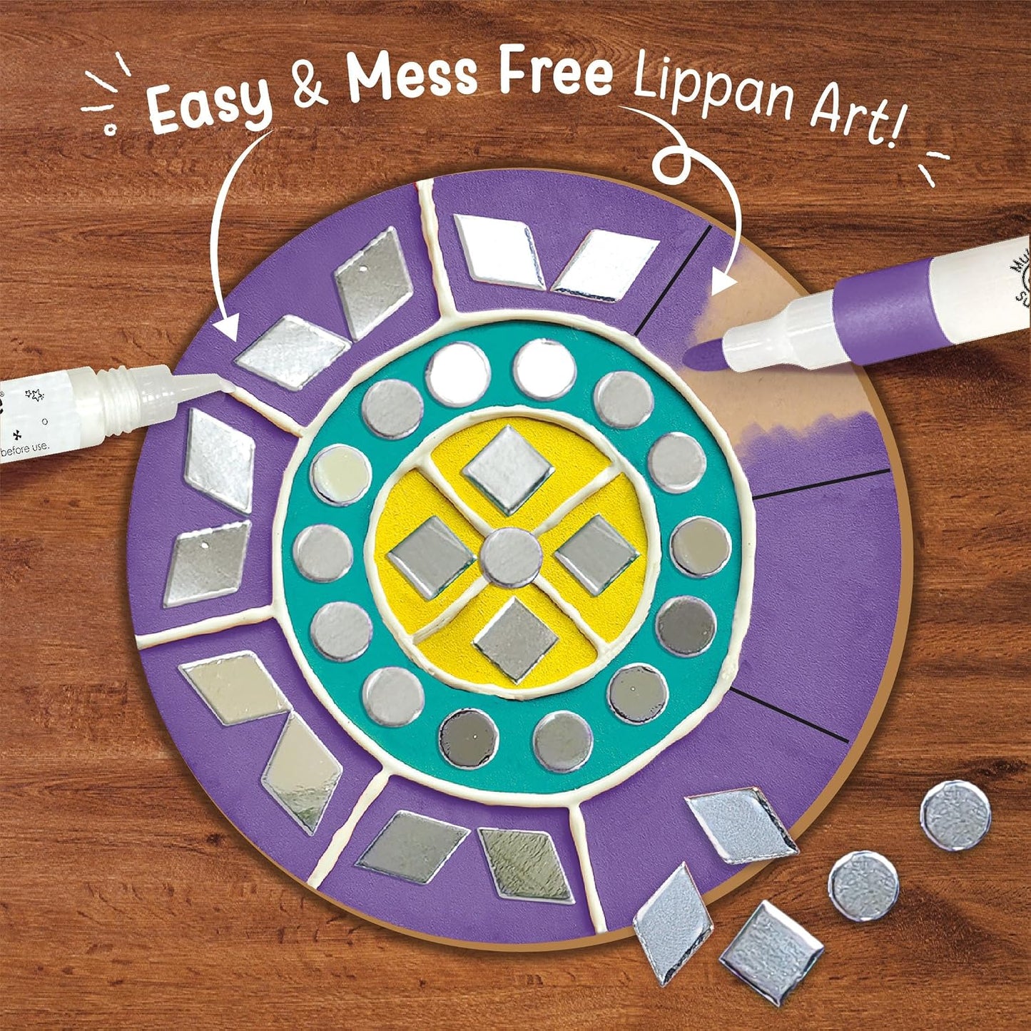 Imagimake DIY Lippan Art Kit | Art & Craft Kit for Girls Age 8+ | Lippan art kit: 3 wooden bases, 3 acrylic markers, 150+ sequins & 2 clay tubes; mirrorwork, clay & colour; girls 9-12