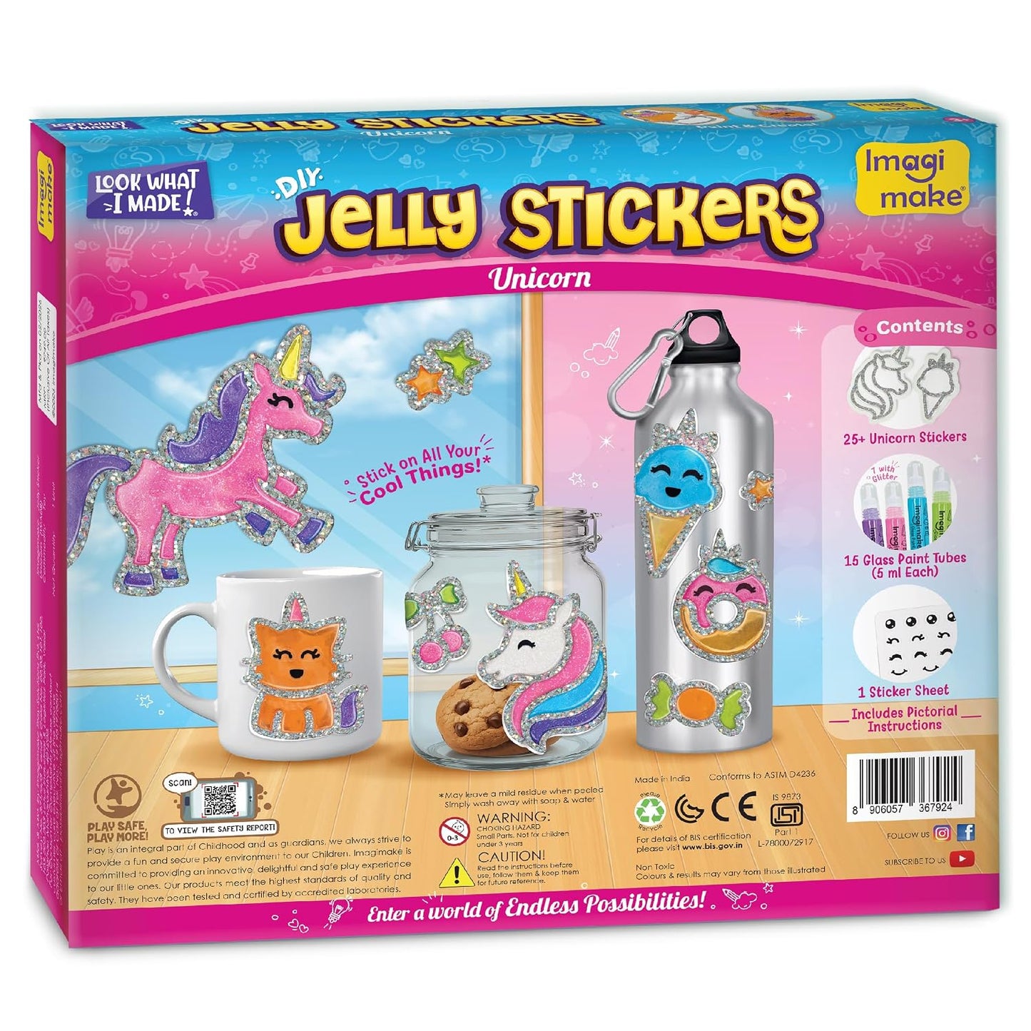 Imagimake DIY Unicorn Jelly Stickers | Art & Craft Kit for Kids Age 3+ | 25+ unicorn designs, 15 glass paint tubes & detail sticker sheet; paint, peel & stick glossy jelly stickers on glass