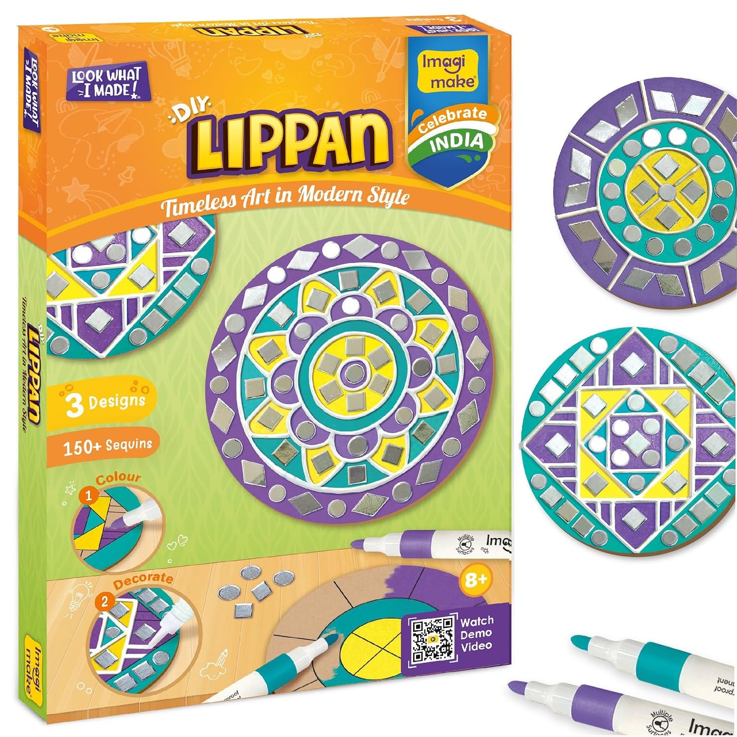 Imagimake DIY Lippan Art Kit | Art & Craft Kit for Girls Age 8+ | Lippan art kit: 3 wooden bases, 3 acrylic markers, 150+ sequins & 2 clay tubes; mirrorwork, clay & colour; girls 9-12