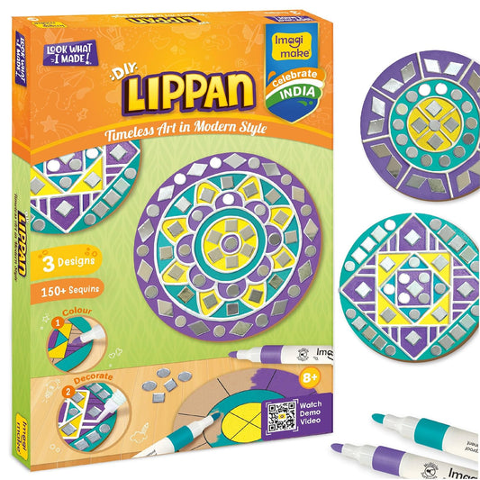 Imagimake DIY Lippan Art Kit | Art & Craft Kit for Girls Age 8+ | Lippan art kit: 3 wooden bases, 3 acrylic markers, 150+ sequins & 2 clay tubes; mirrorwork, clay & colour; girls 9-12