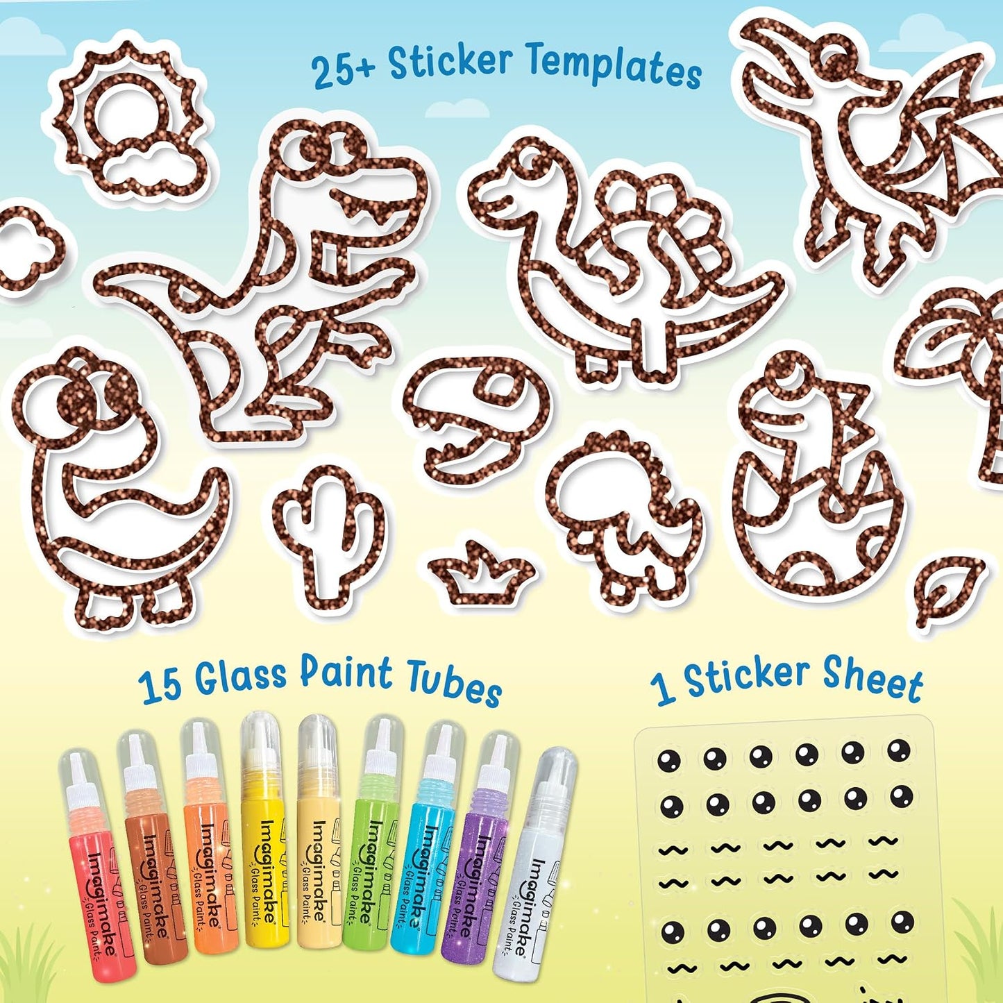 Imagimake DIY Dino Jelly Stickers | Art & Craft Kit for Kids Age 3+ | 25+ dino designs, 15 glass paint tubes & detail sticker sheet; paint, peel & stick glossy jelly stickers on glass