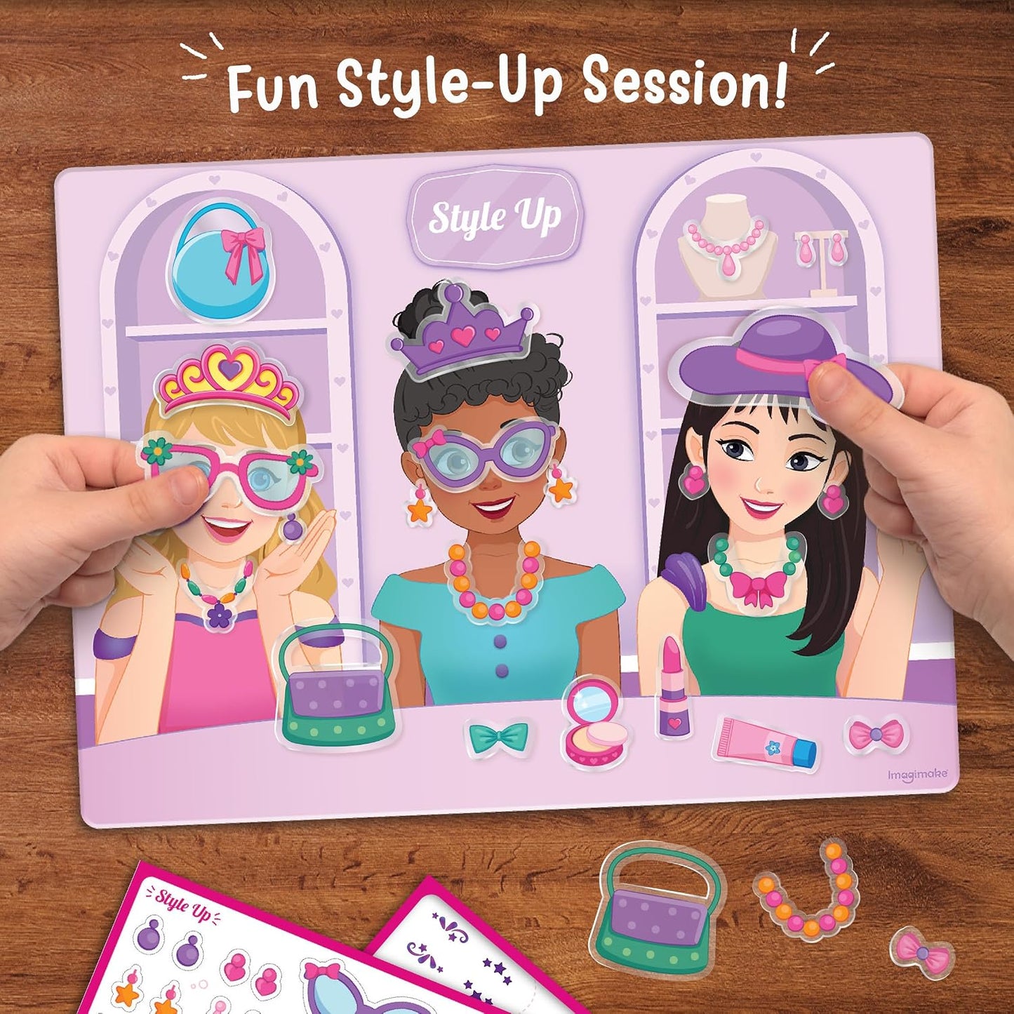 Imagimake Reusable Sticker Hair & Makeup | Pretend Play for Girls | Age 3+ | 150+ waterproof reusable stickers & 6 salon scenes; mess-free hair, makeup & nail styling—perfect travel activity