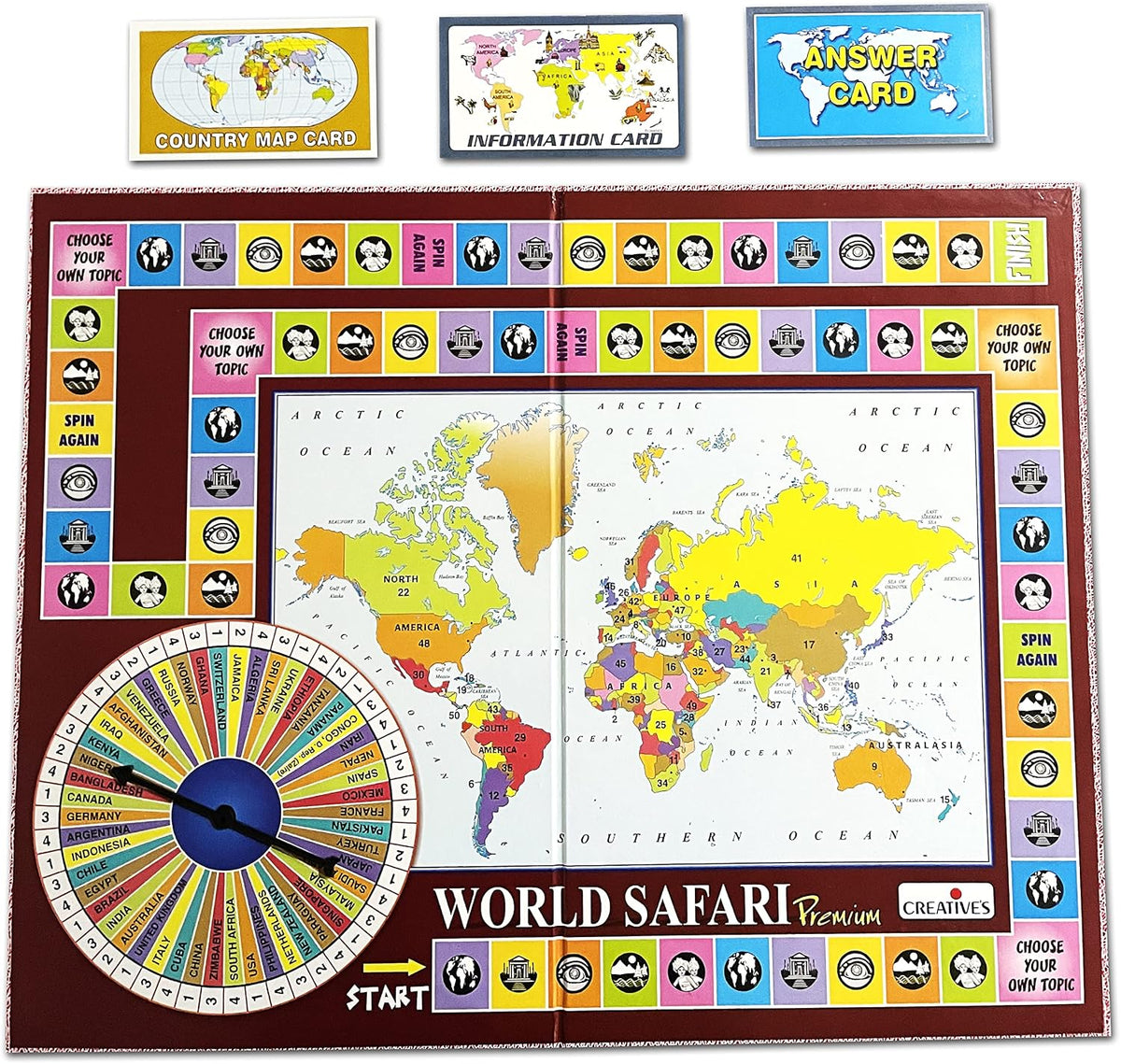Creative's World Safari Premium Educational Geography Board Games for Kids Age 9+, World Map Quiz Game with 864 Questions & Answers Countries, Capitals & General Knowledge Learning Game 2-6 Players