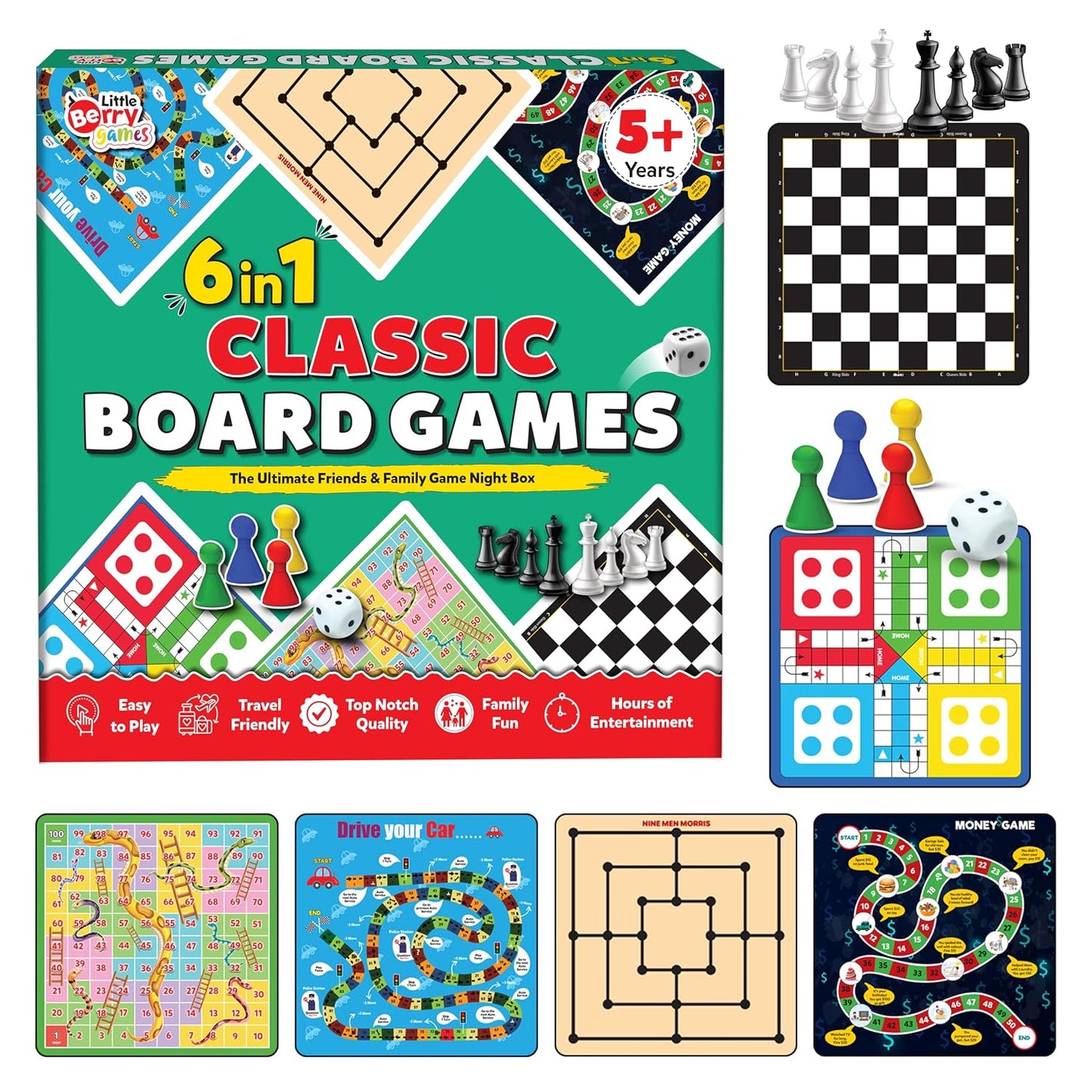 6 in 1 Classic Board Games Set for Kids & Family | Includes Ludo, Chess, Snakes & Ladders, Checkers & More | Indoor Strategy Games, Travel Friendly Game Kit for 5+ Years