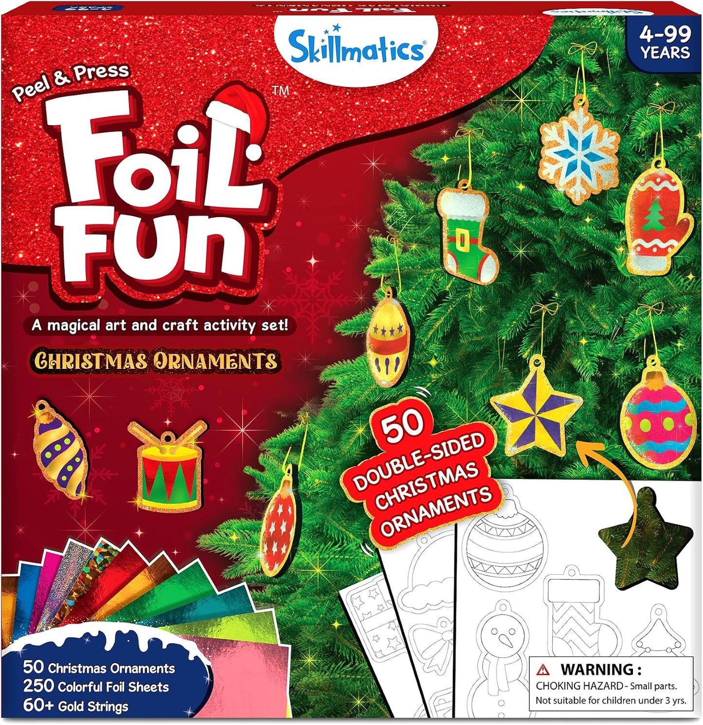 Skillmatics Foil Fun Christmas Ornaments, Foil Art, Gifts for Boys & Girls | DIY Foil Art Activity for Kids, 250+ Stickers Travel Toys, Stocking Stuffers, Mess-Free, Screen-Free, Ages 4, 5, 6, 7, 8, 9