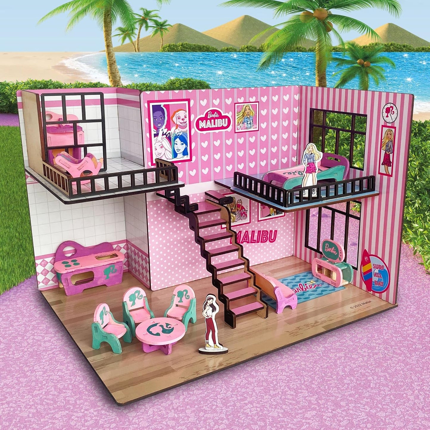 Barbie Malibu Doll House for Girls and Boys, DIY Paint Wooden Doll House Toy with Furniture for Kids