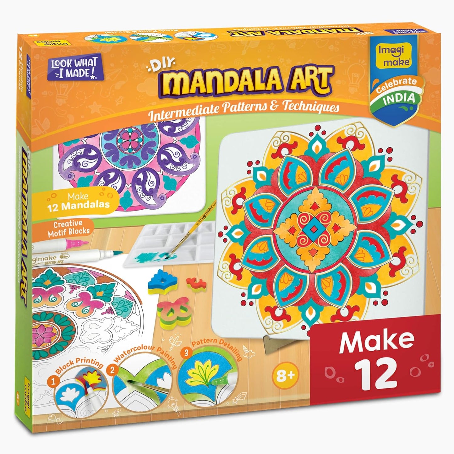 Imagimake DIY Mandala Art Kit | Art & Craft Kit for Girls Age 10+ | Mandala art kit: 12 paintings, 3 canvases, 15 motif blocks & 10 brush pens; block print, blend & watercolour; age 10+