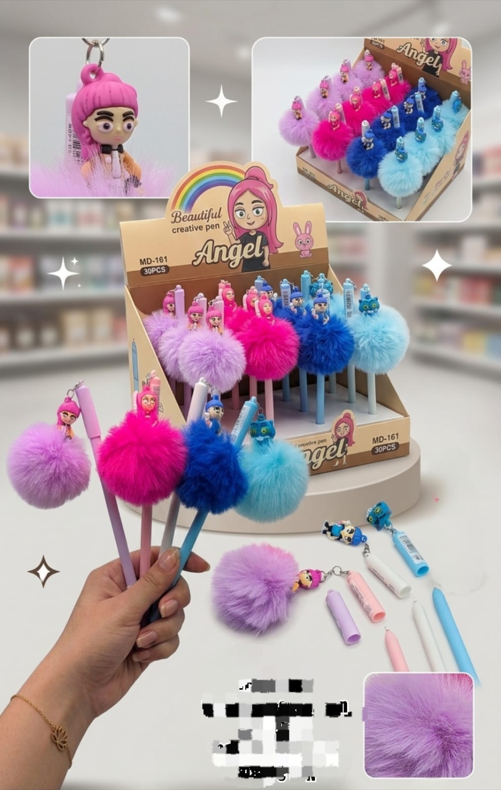 Angel Fluffy Pom Pom Gel Pen | Cute Cartoon Plush Ball Pen for Kids & Girls