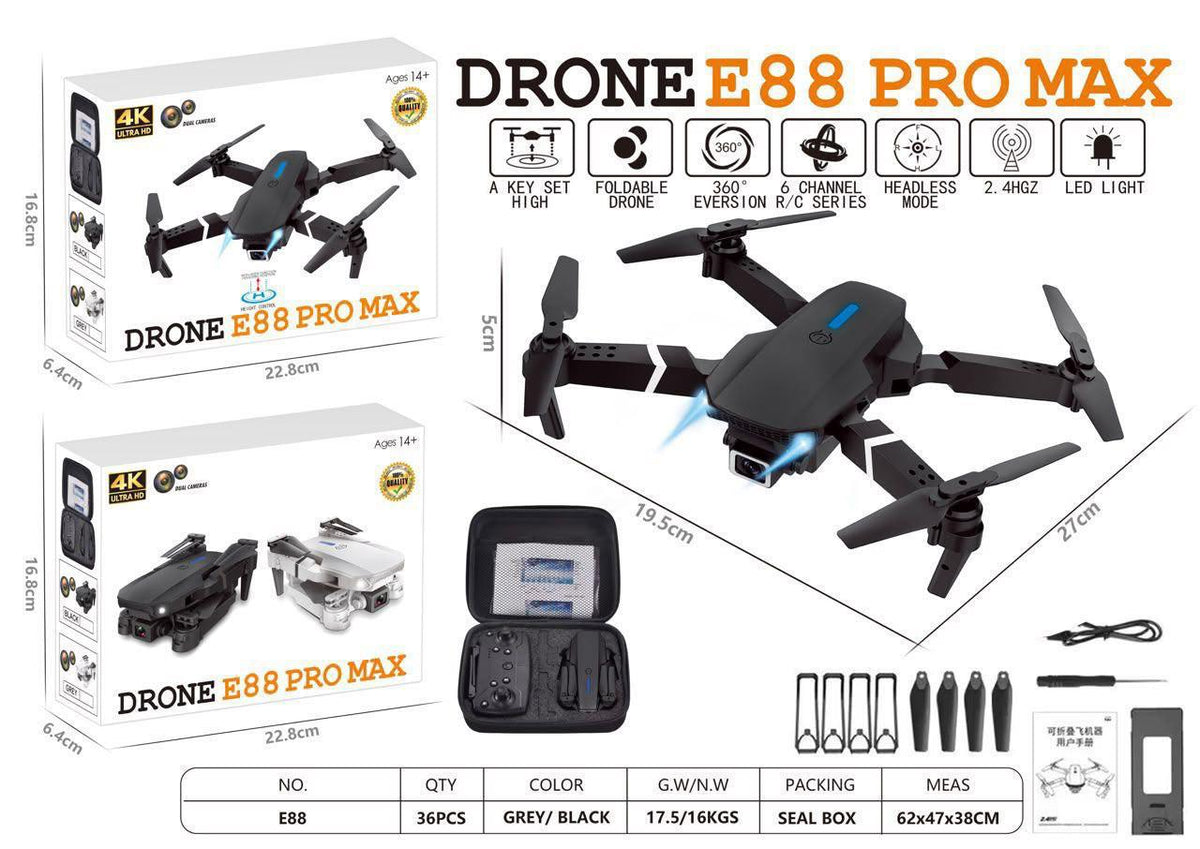 E88 Pro Max Foldable 4K Dual Camera RC Drone – 2.4GHz Altitude Hold & Carrying Case (Ages 14+)