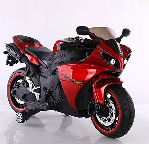 SRECAP R1 Sports Ride on Bike for Kids with 12V Battery Operated/Music System/Working Lights/Training Wheels Red